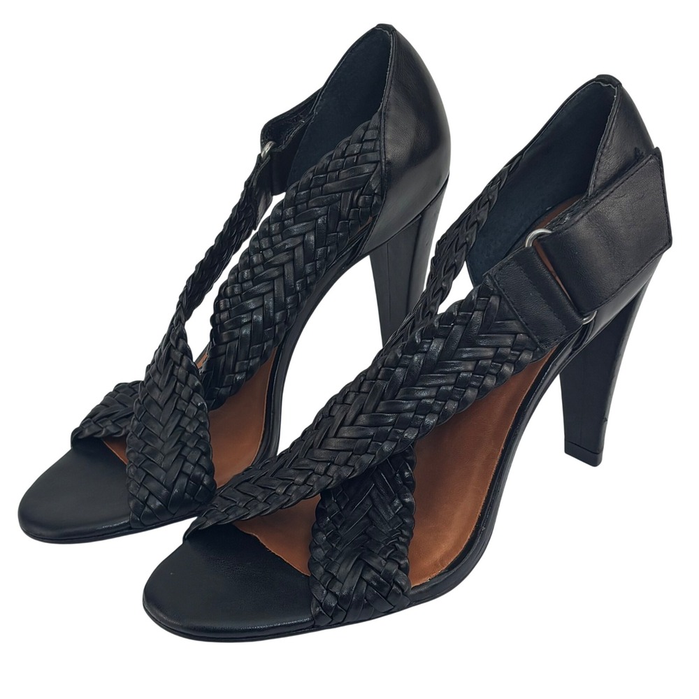 Antonio Melani Heeled Sandals Black Woven Leather Strappy Stiletto Chic Dressy 7